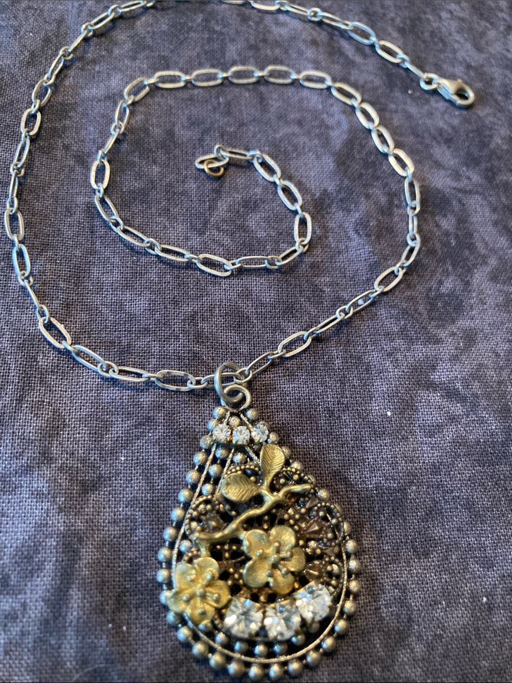 Antique Look Floral Teardrop Necklace